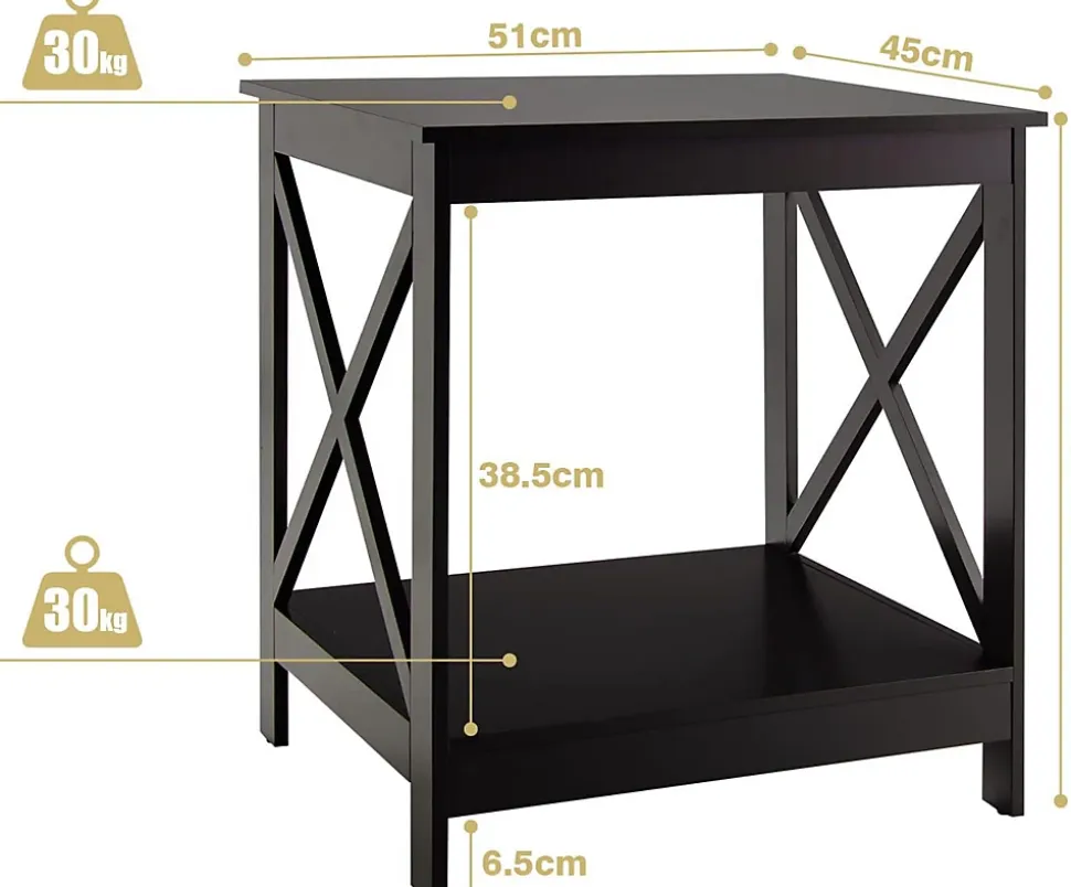 Table de Chevet à 2 Niveaux 48x45x48CM,Charge 20KG Style Moderne avec Conception en X,pour Chambre/Salon,Café