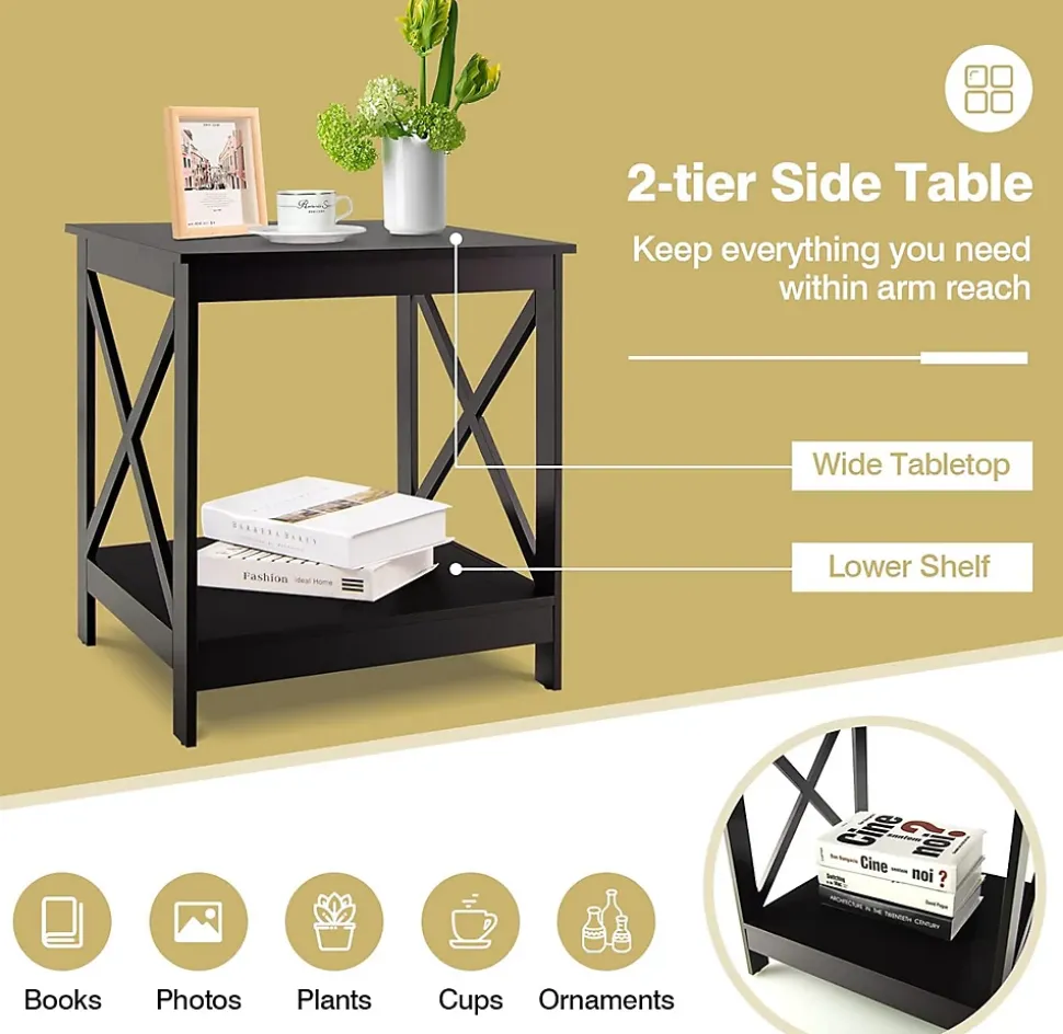 Table de Chevet à 2 Niveaux 48x45x48CM,Charge 20KG Style Moderne avec Conception en X,pour Chambre/Salon,Café