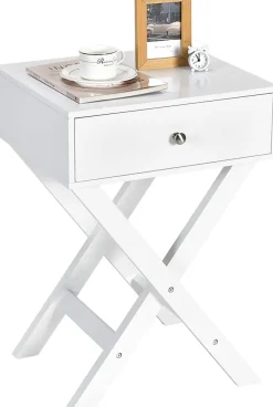 Table de Chevet avec Tiroir de Rangement,avec Pieds en Forme de X,Poignée et Barres Connexion,pour Chambre,45,5X40,5X65CM,Blanc