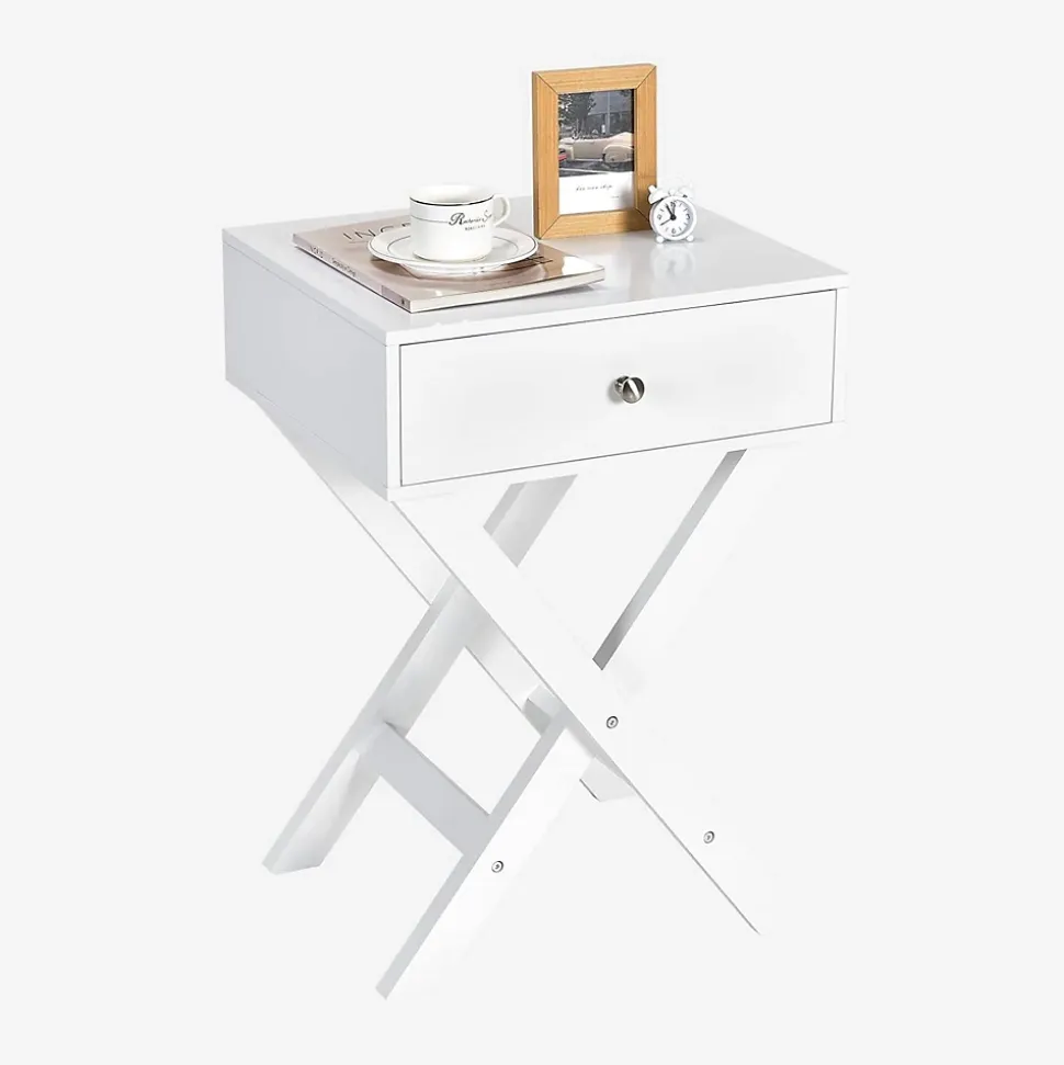 Table de Chevet avec Tiroir de Rangement,avec Pieds en Forme de X,Poignée et Barres Connexion,pour Chambre,45,5X40,5X65CM,Blanc