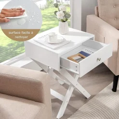Table de Chevet avec Tiroir de Rangement,avec Pieds en Forme de X,Poignée et Barres Connexion,pour Chambre,45,5X40,5X65CM,Blanc