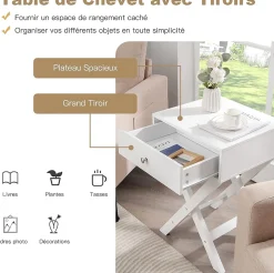 Table de Chevet avec Tiroir de Rangement,avec Pieds en Forme de X,Poignée et Barres Connexion,pour Chambre,45,5X40,5X65CM,Blanc