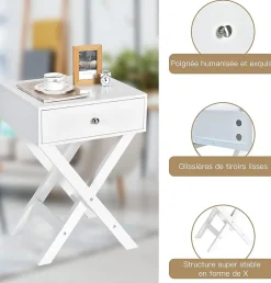 Table de Chevet avec Tiroir de Rangement,avec Pieds en Forme de X,Poignée et Barres Connexion,pour Chambre,45,5X40,5X65CM,Blanc