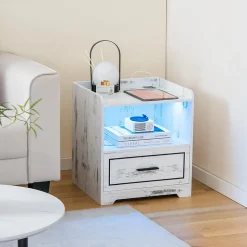 Table de Chevet LED 3 Couleurs Induction Corporelle Table de Nuit avec 2 Ports USB