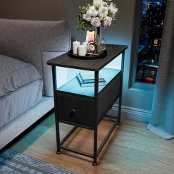 Table de Chevet Moderne avec LED, Tiroirs, Passage de Câbles, Plateau Multifonction, Poignées Dorées, Noir