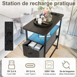 Table de Chevet Moderne avec LED, Tiroirs, Passage de Câbles, Plateau Multifonction, Poignées Dorées, Noir
