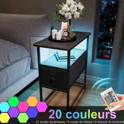 Table de Chevet Moderne avec LED, Tiroirs, Passage de Câbles, Plateau Multifonction, Poignées Dorées, Noir