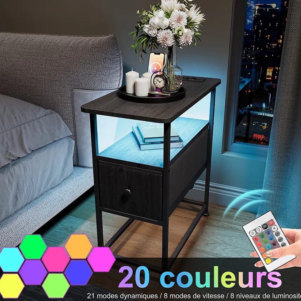Table de Chevet Moderne avec LED, Tiroirs, Passage de Câbles, Plateau Multifonction, Poignées Dorées, Noir
