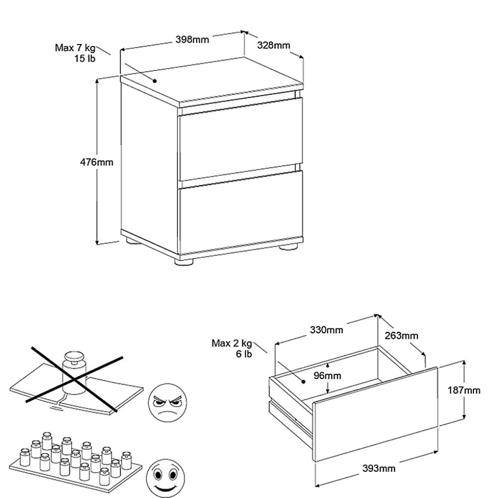 Table de chevet sur pieds 2 tiroirs blanc l. 39,8 x H. 47,6 x P. 32,8 cm Neo
