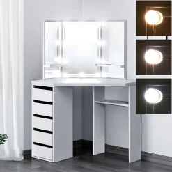 Table de coiffeuse maquillage blanc avec miroir éclairage LED tiroirs étagères