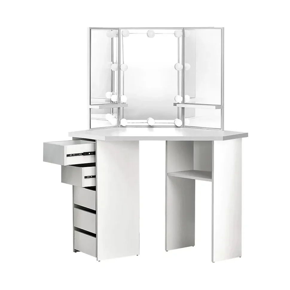 Table de coiffeuse maquillage blanc avec miroir éclairage LED tiroirs étagères