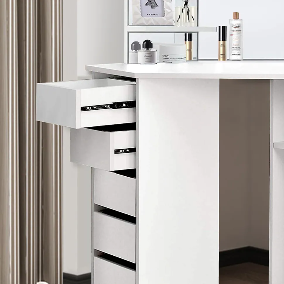 Table de coiffeuse maquillage blanc avec miroir éclairage LED tiroirs étagères