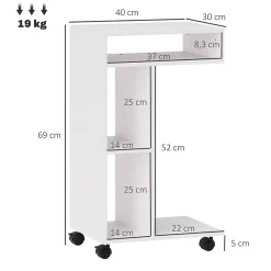 Table de lit mobile - table pour ordinateur portable - 3 niches, étagère - blanc