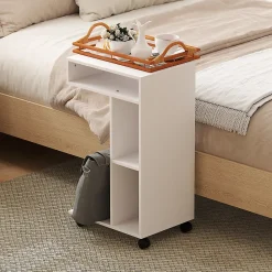 Table de lit mobile - table pour ordinateur portable - 3 niches, étagère - blanc