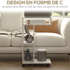 Table de lit mobile - table pour ordinateur portable - 3 niches, étagère - blanc