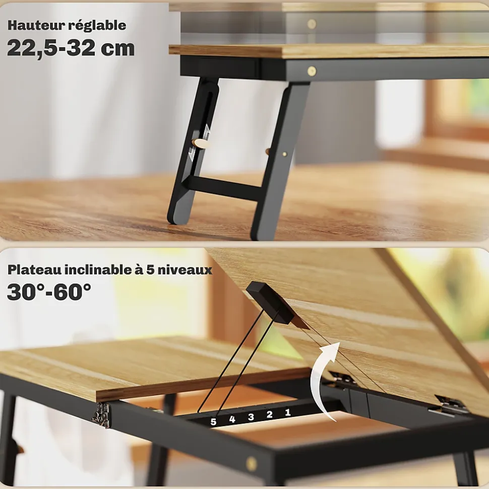 Table de lit pliable réglable pour ordinateur - plateau inclinable, tiroir - bois bambou MDF noir naturel