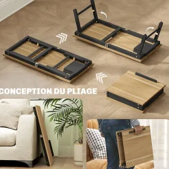 Table de lit pliable réglable pour ordinateur - plateau inclinable, tiroir - bois bambou MDF noir naturel