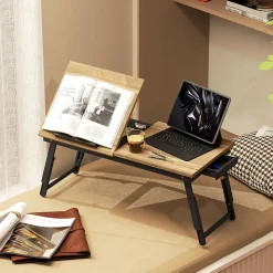 Table de lit pliable réglable pour ordinateur - plateau inclinable, tiroir - bois bambou MDF noir naturel
