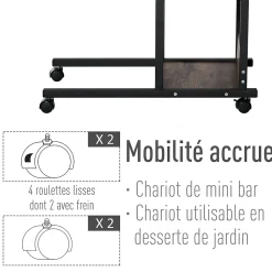Table de lit/fauteuil - table roulante - hauteur réglable - 2 étagères intégrées - panneaux particules E1 aspect bois métal noir