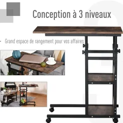Table de lit/fauteuil - table roulante - hauteur réglable - 2 étagères intégrées - panneaux particules E1 aspect bois métal noir