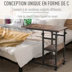 Table de lit/fauteuil - table roulante - hauteur réglable - 2 étagères intégrées - panneaux particules E1 aspect bois métal noir