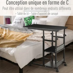 Table de lit/fauteuil - table roulante - hauteur réglable - 2 étagères intégrées - panneaux particules E1 métal noir
