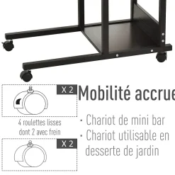 Table de lit/fauteuil - table roulante - hauteur réglable - 2 étagères intégrées - panneaux particules E1 métal noir