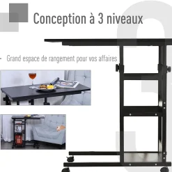 Table de lit/fauteuil - table roulante - hauteur réglable - 2 étagères intégrées - panneaux particules E1 métal noir