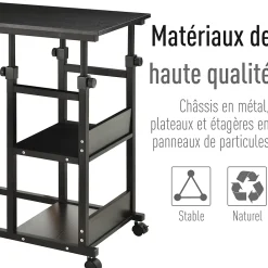 Table de lit/fauteuil - table roulante - hauteur réglable - 2 étagères intégrées - panneaux particules E1 métal noir