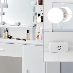 Table de maquillage avec LED coiffeuse MDF blanc miroir et tabouret 90x38x137 cm