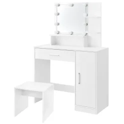 Table de maquillage avec LED coiffeuse MDF blanc miroir et tabouret 90x38x137 cm