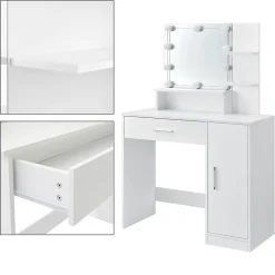 Table de maquillage avec LED coiffeuse MDF blanc miroir et tabouret 90x38x137 cm