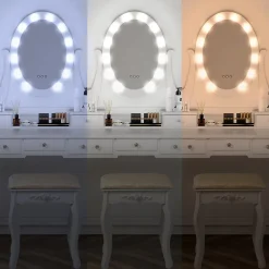 Table de maquillage coiffeuse blanc avec éclairage LED miroir et tabouret en MDF