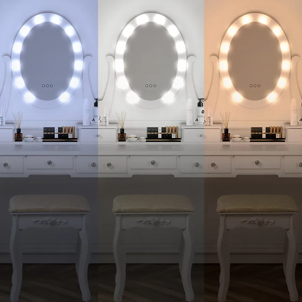Table de maquillage coiffeuse blanc avec éclairage LED miroir et tabouret en MDF