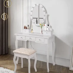Table de maquillage coiffeuse blanc avec éclairage LED miroir et tabouret en MDF