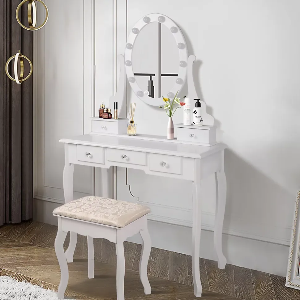 Table de maquillage coiffeuse blanc avec éclairage LED miroir et tabouret en MDF