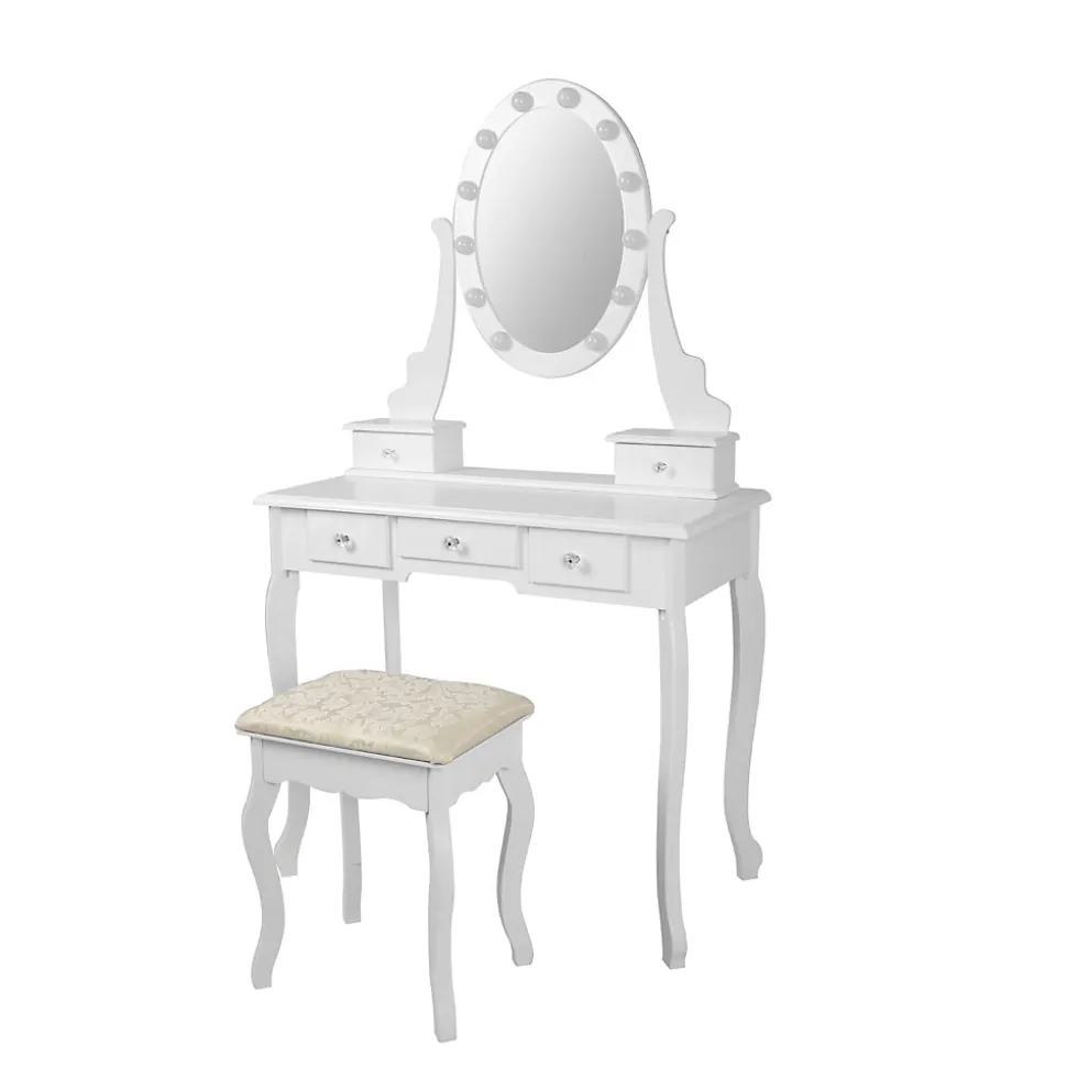 Table de maquillage coiffeuse blanc avec éclairage LED miroir et tabouret en MDF