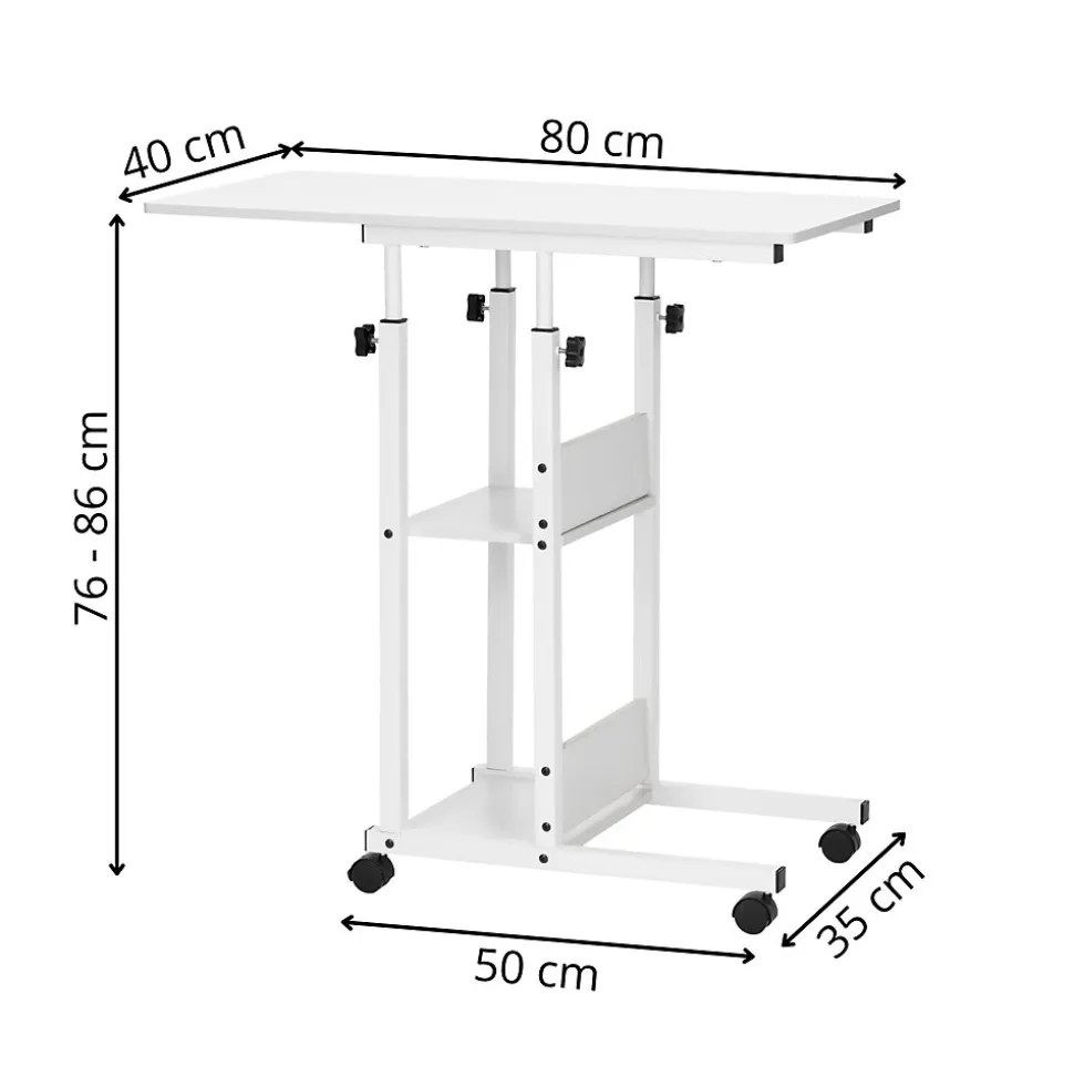 Table d'ordinateur portable mobile sur roulettes, réglable en hauteur blanche