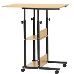 Table d'ordinateur portable mobile sur roulettes, réglable en hauteur marron clair