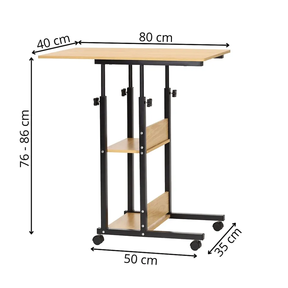 Table d'ordinateur portable mobile sur roulettes, réglable en hauteur marron clair