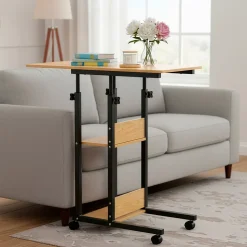 Table d'ordinateur portable mobile sur roulettes, réglable en hauteur marron clair