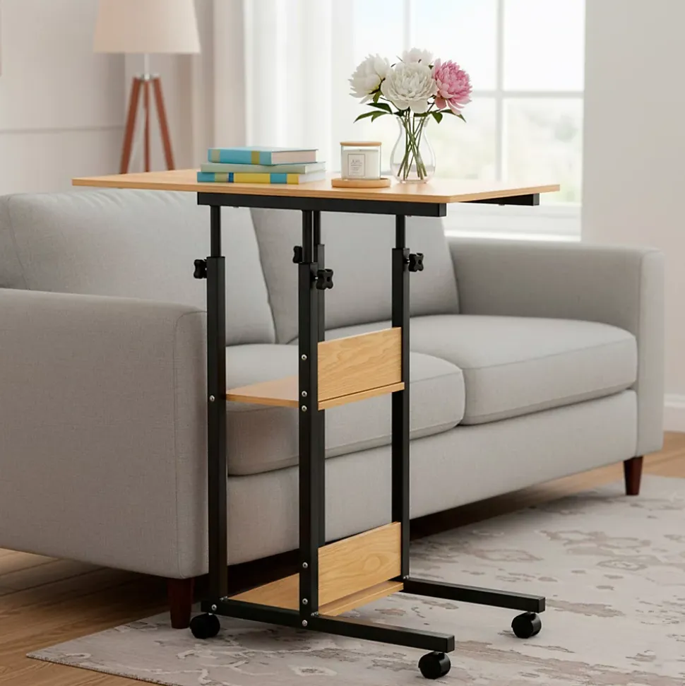 Table d'ordinateur portable mobile sur roulettes, réglable en hauteur marron clair