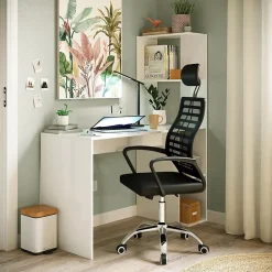 Table du bureau, meuble du bureau réversible avec étagère en bois coloris Blanc artik