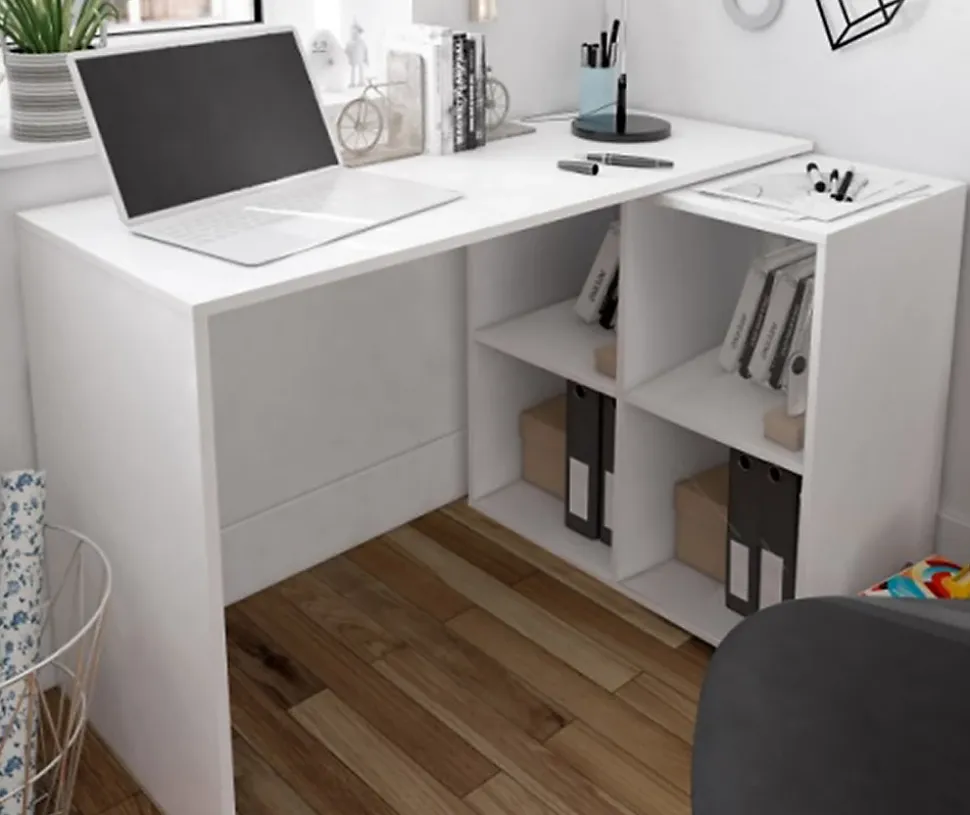 Table du bureau, meuble du bureau réversible en bois coloris blanc artic - hauteur 74 x longueur 120-152 x profondeur 77 cm