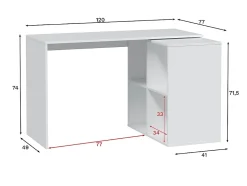 Table du bureau, meuble du bureau réversible en bois coloris blanc artic - hauteur 74 x longueur 120-152 x profondeur 77 cm