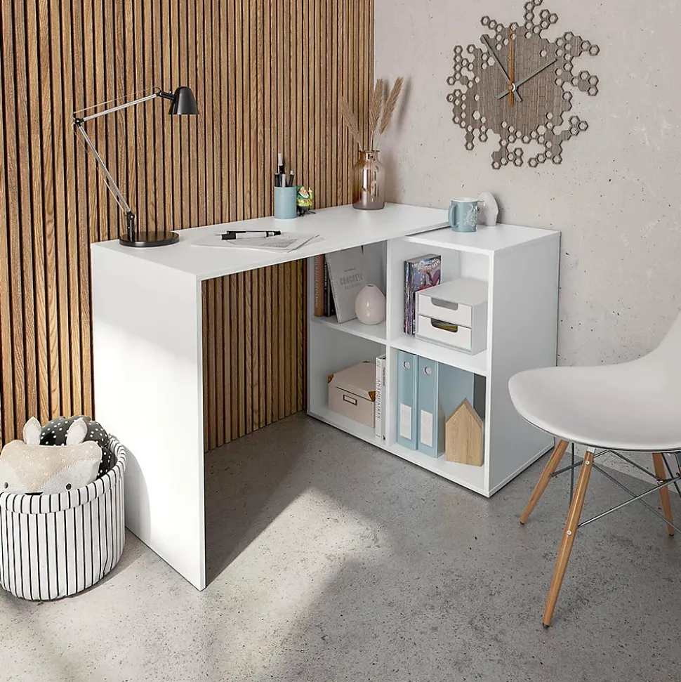 Table du bureau, meuble du bureau réversible en bois coloris blanc artic - hauteur 74 x longueur 120-152 x profondeur 77 cm