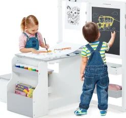 Table Enfant 3 avec Chaise et Tableau Blanc Noir Réglable Rangement Rouleaux de Papier Interchangeables Gris Blanc