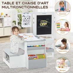 Table Enfant 3 avec Chaise et Tableau Blanc Noir Réglable Rangement Rouleaux de Papier Interchangeables Gris Blanc