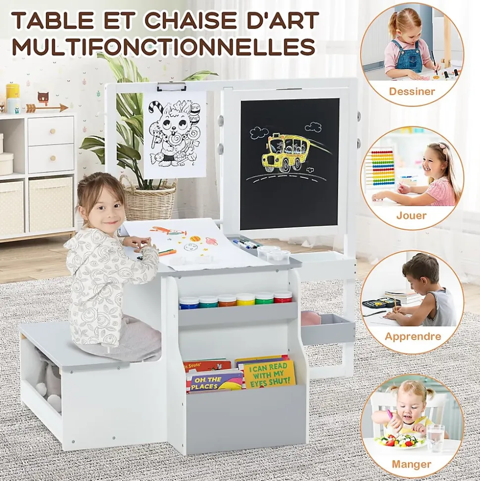 Table Enfant 3 avec Chaise et Tableau Blanc Noir Réglable Rangement Rouleaux de Papier Interchangeables Gris Blanc