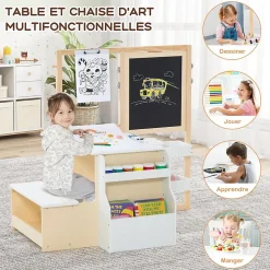 Table Enfant 3 avec Chaise et Tableau Blanc Noir Réglable Rangement Rouleaux de Papier Interchangeables Blanc Naturel